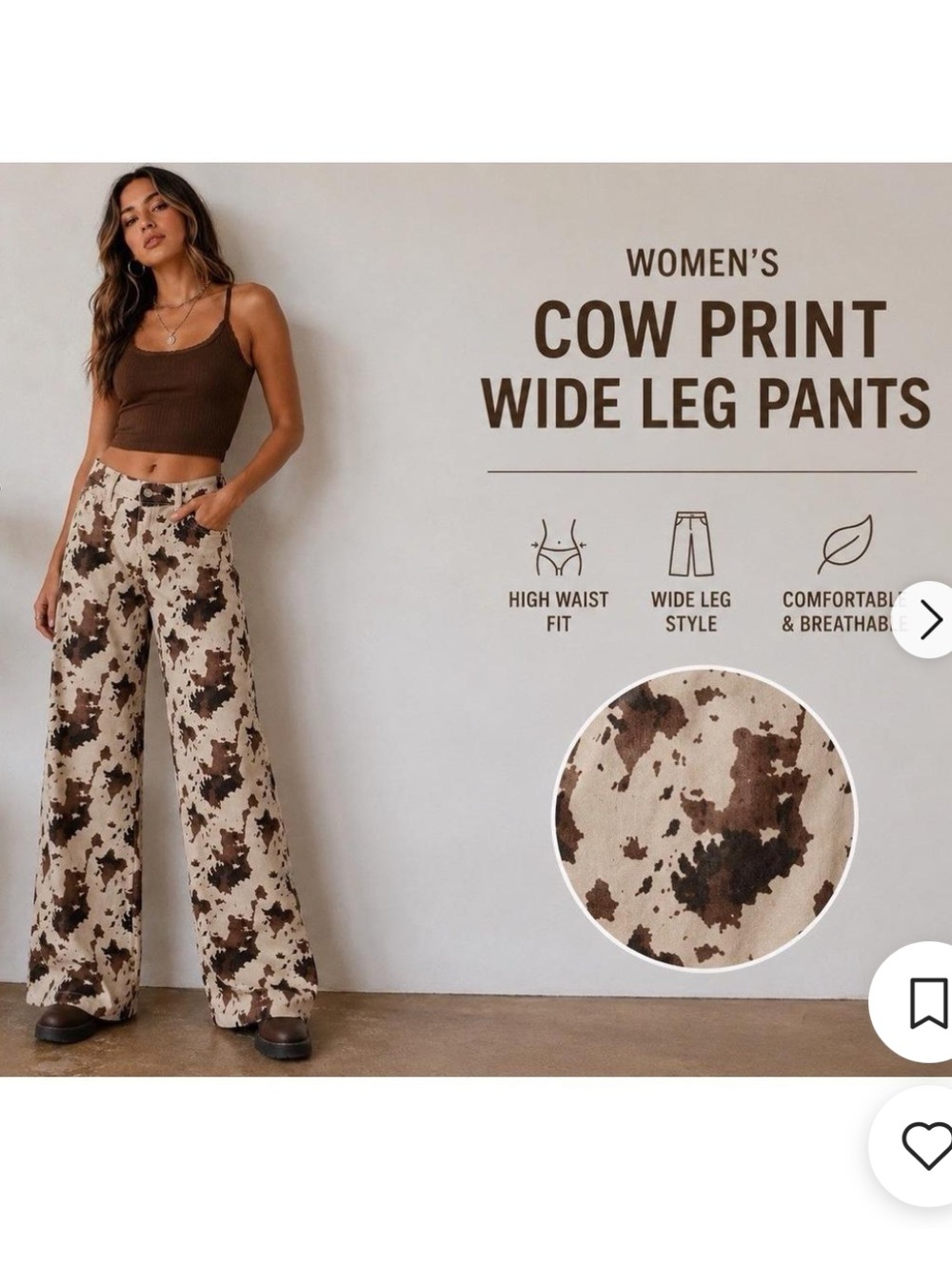 NWT Social Butterfly Cow Print Wide Leg Pants - Tan/Brown Size 13